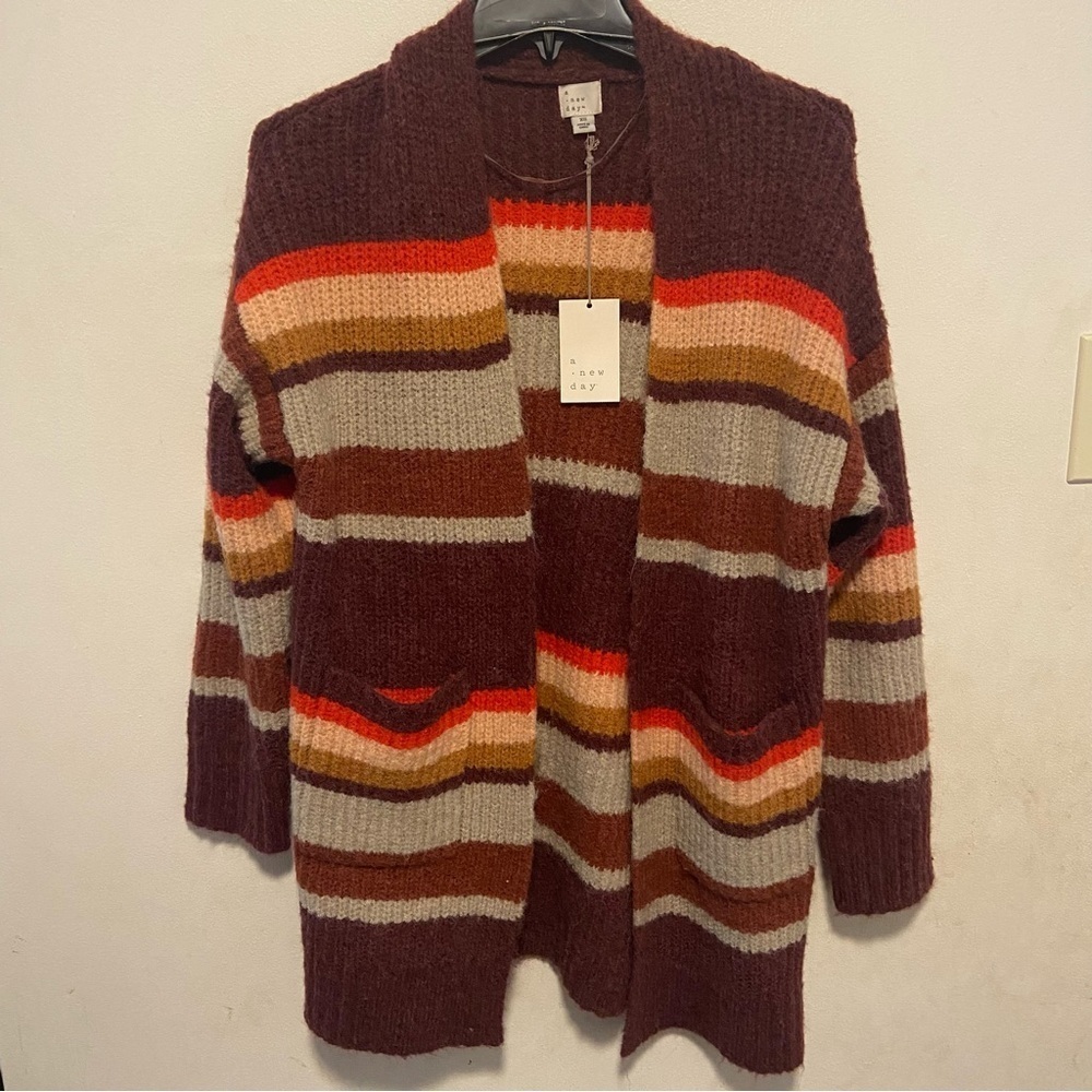 A New Day Women’s Open Front Cardigan Size XS Multicolor Striped Pockets